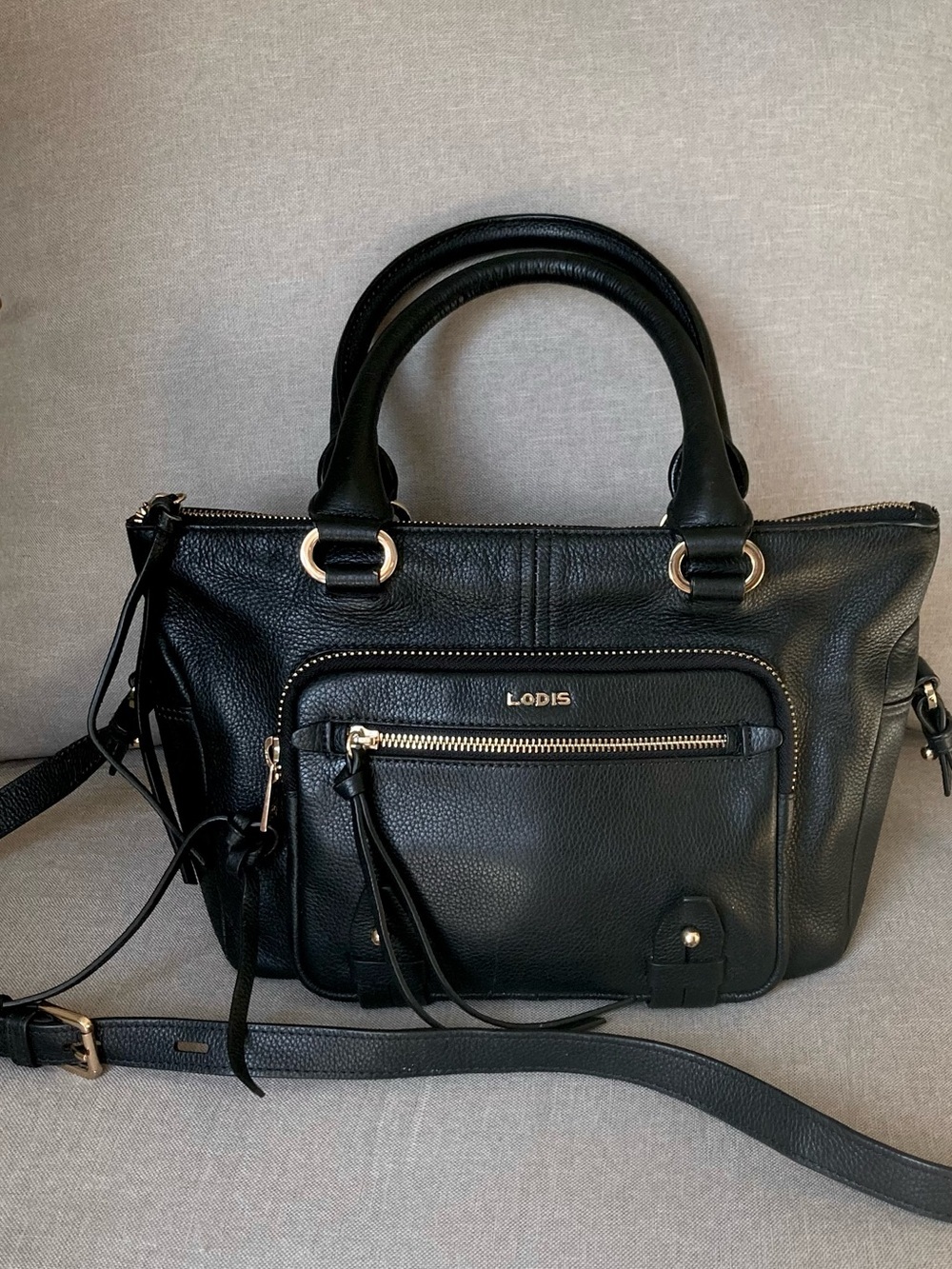 Lodis Black Pebbled Leather Satchel Crossbody Bag Gold Hardware Convertible Tote